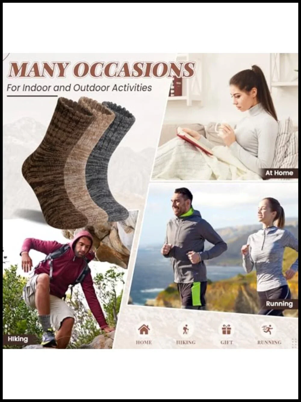 Merino Wool Thermal Hiking Socks 3 Pairs Winter Thick Warm Women Men